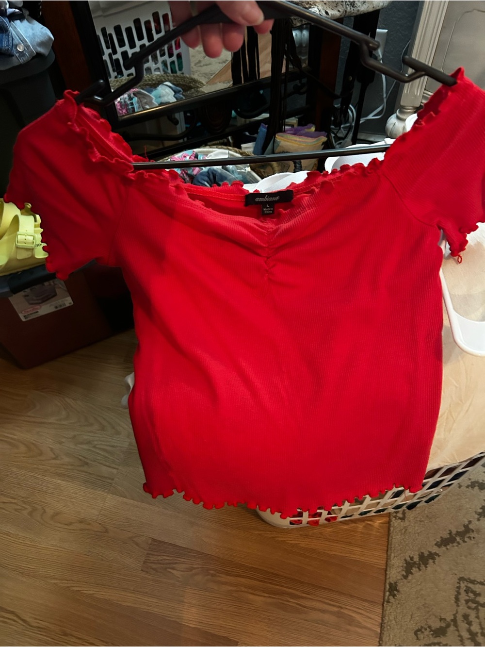 Ambiance Red Ribbed Scoop Crop Top with Lettuce Hem - Picture 6 of 6
